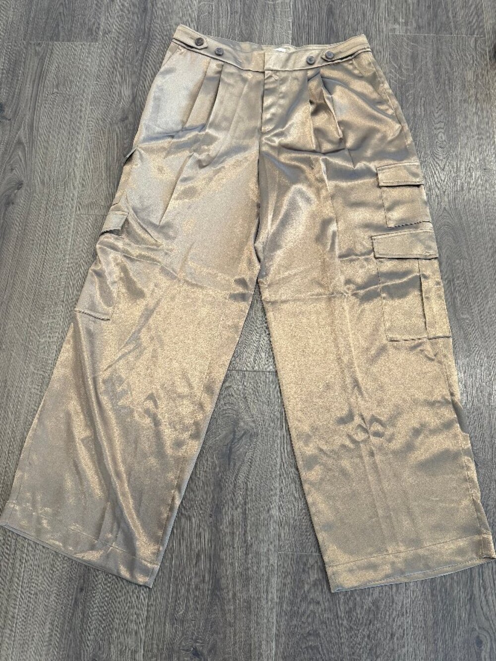 Metallic Gold Satin Cargo Wide Leg Pants Size 12 Party Glam New